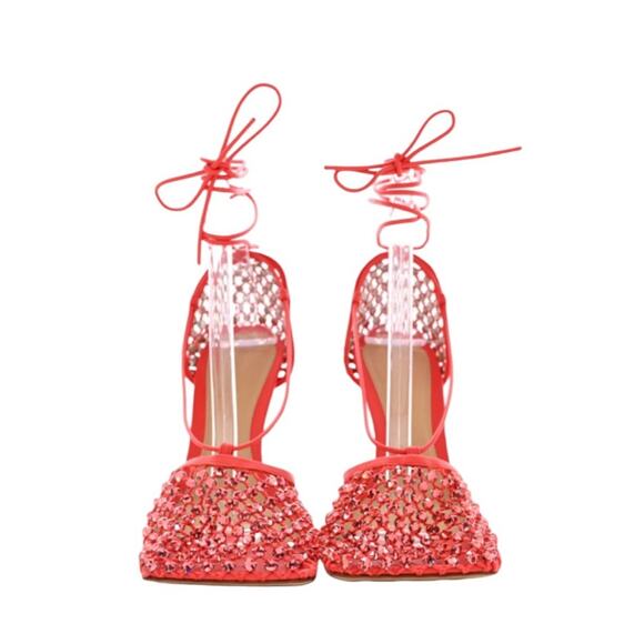 Bottega Veneta Mesh Crystal Embellished Sparkle Ankle Tie Heels NEW EU 38 US 8 - Picture 2 of 15